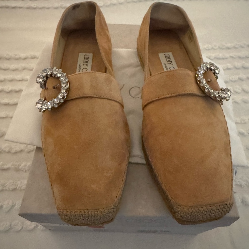 Jimmy Choo Tan Suede Espadrille Loafers with Crystal Buckles